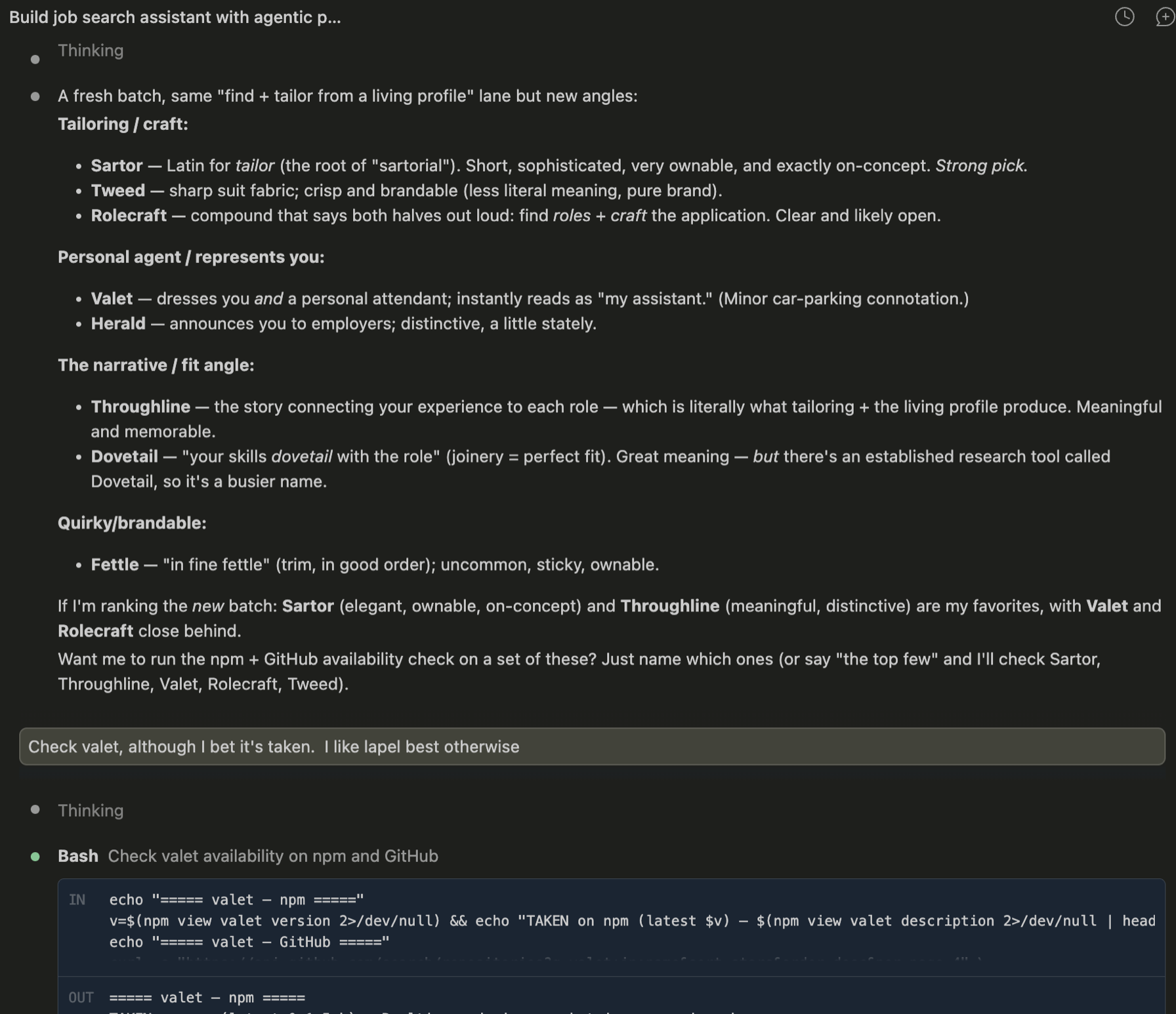 Claude Code brainstorming session suggesting names for the tool